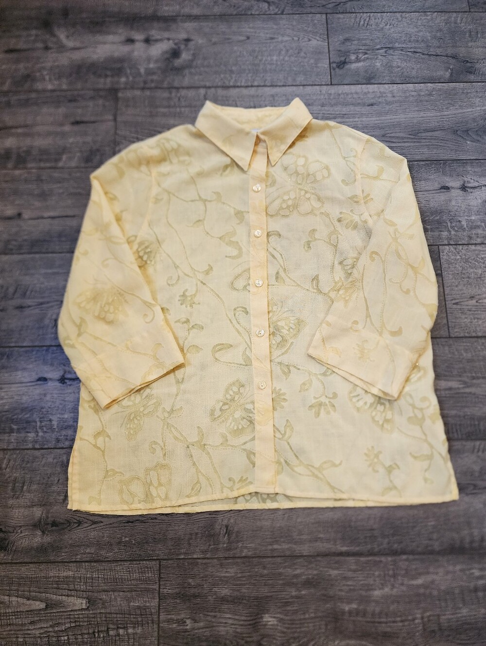 Alfred Dunner Women Blouse Yellow Sz12P Floral Butterfly Sheer Sparkle 3/4Sleeve